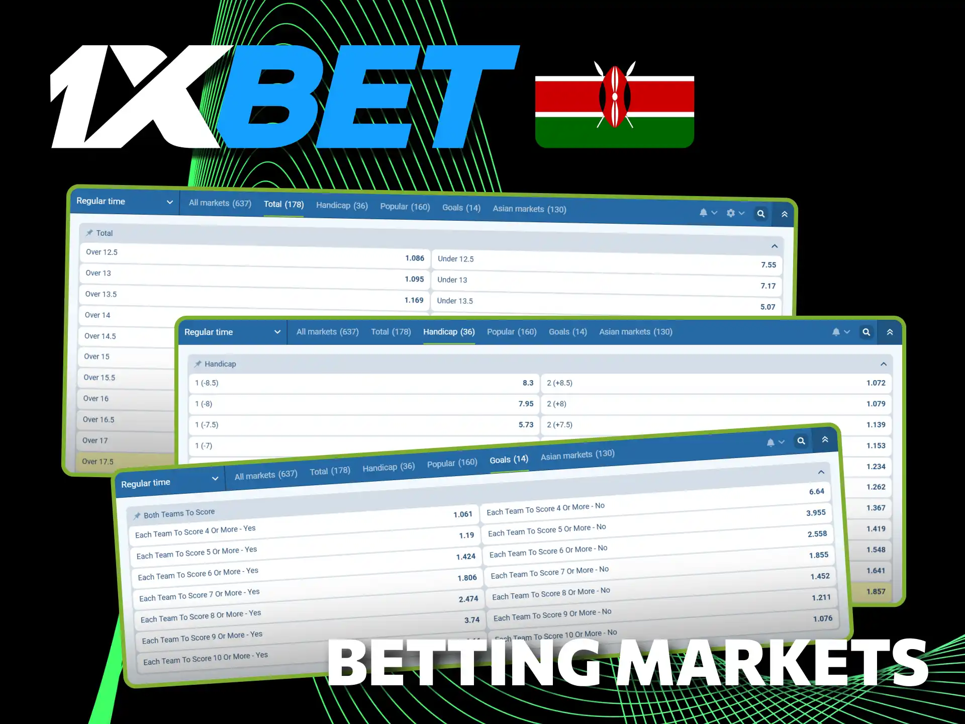 Explore diverse betting markets at 1xBet official in Kenya.