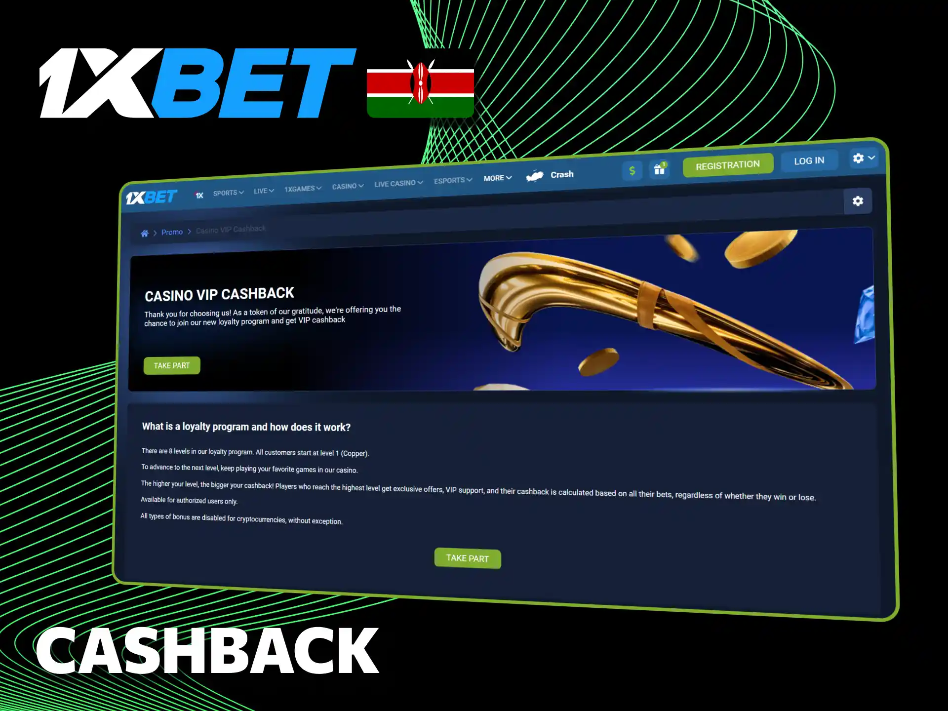 Earn cashback with regular play at 1xBet official in Kenya.