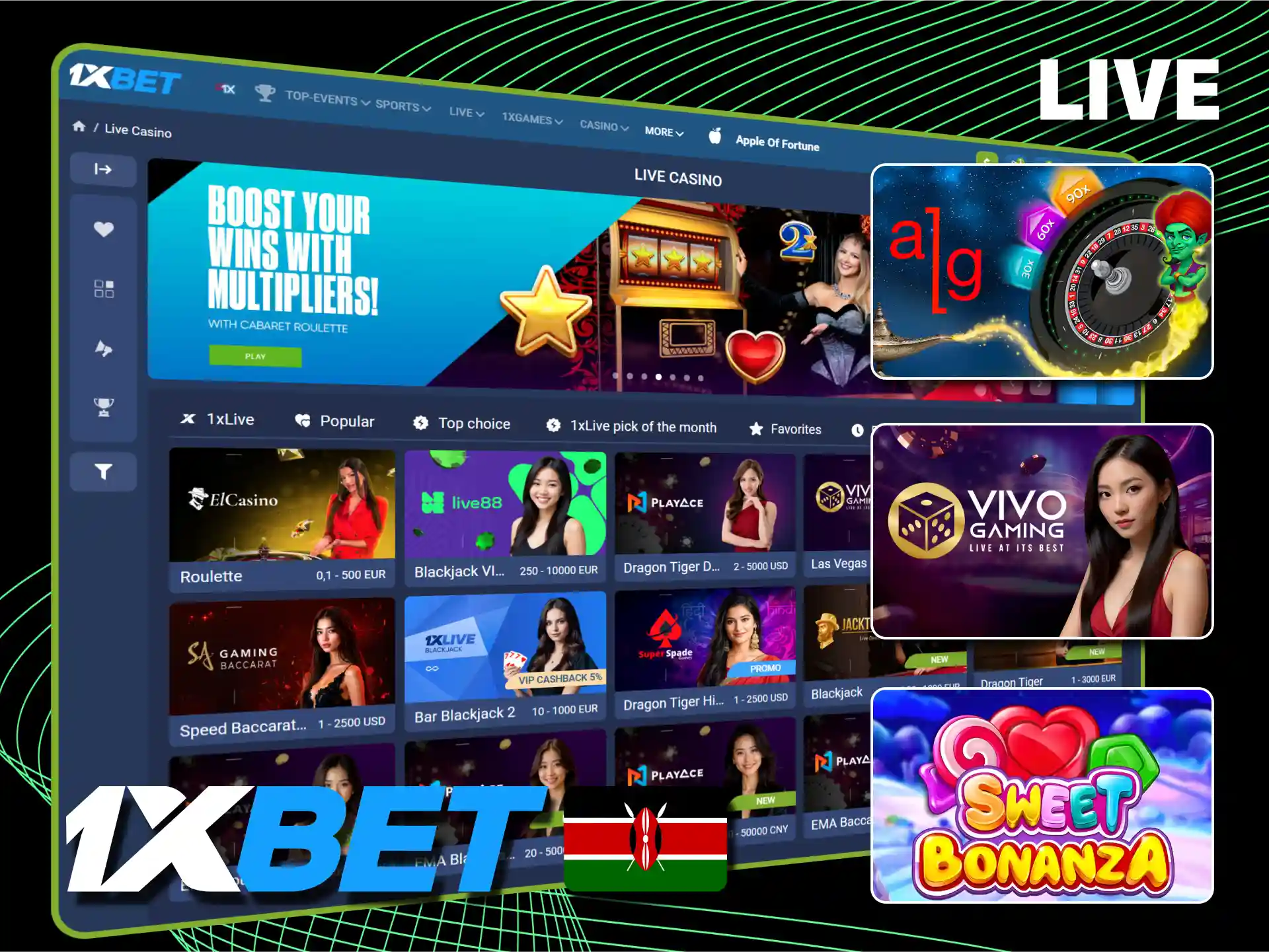 Experience real-time thrills at 1xBet online casino in Kenya.