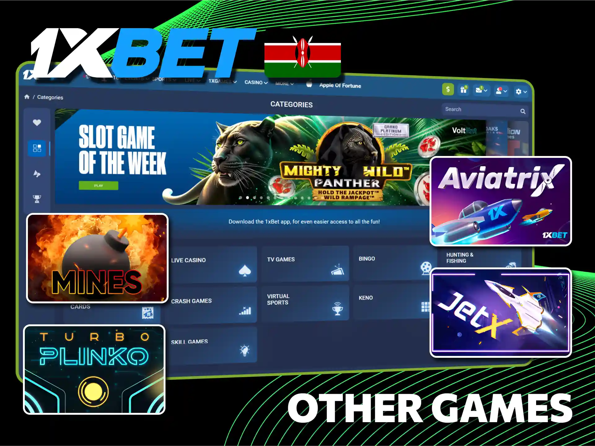 Explore unique game collection on 1xBet offical page in Kenya.