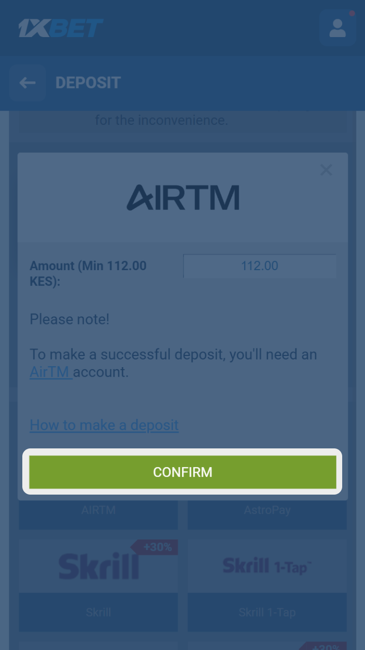 Confirm the payment and wait for your 1xBet balance to update.