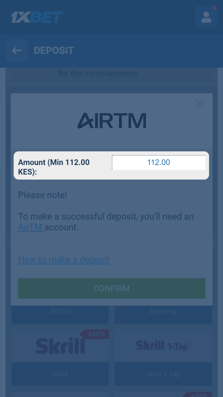 Enter the deposit amount and other information required by 1xBet.