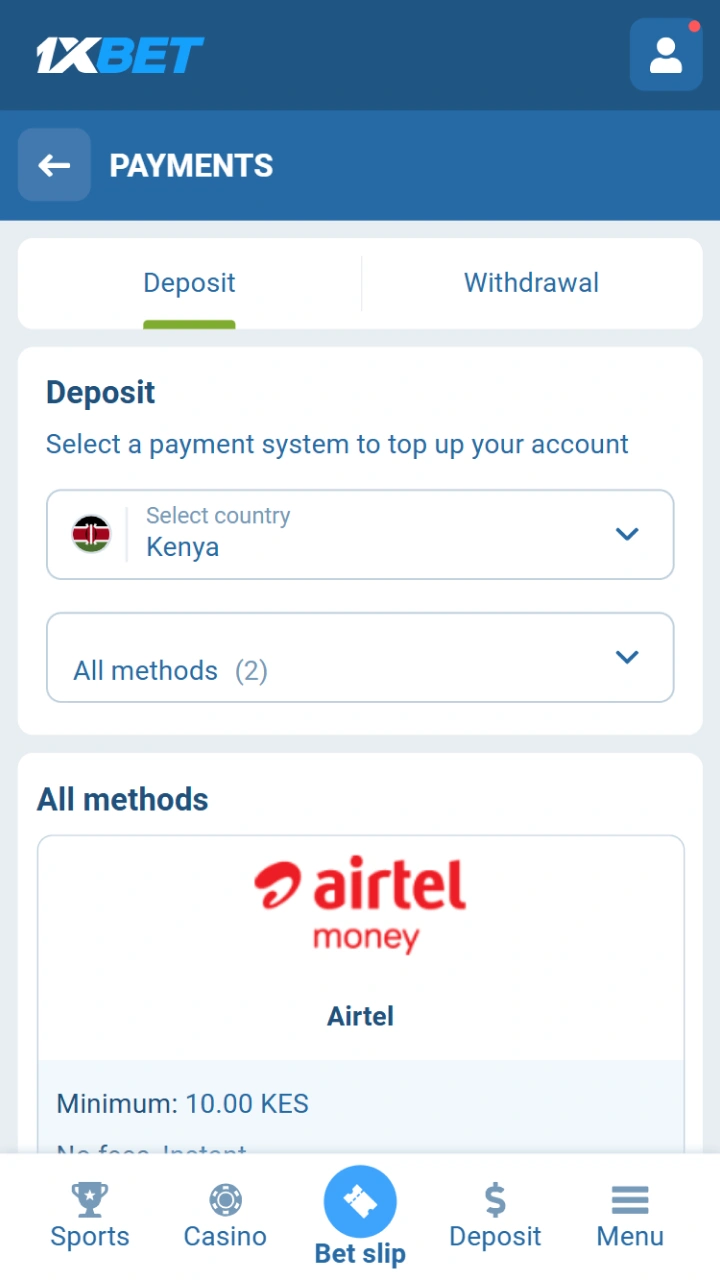 Choose a payment method and make a transaction at 1xBet.