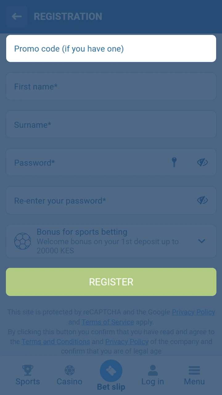 Fill in the fields and select your welcome bonus at 1xBet.