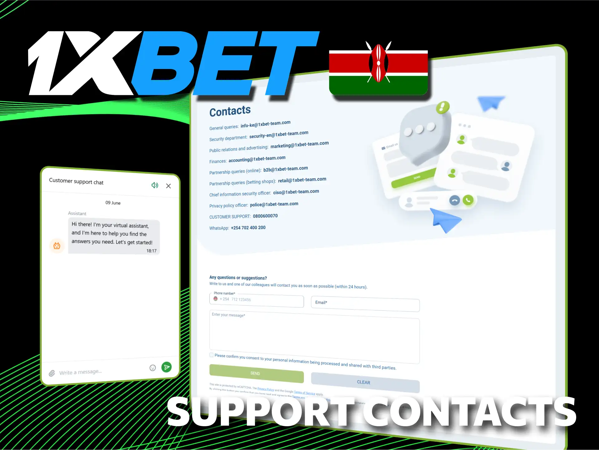Instantly receive live chat support at 1xBet Kenya official.