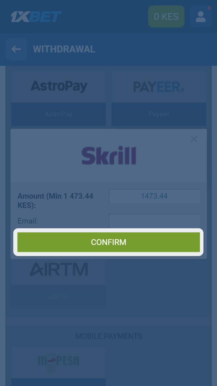 Submit your withdrawal request from 1xBet official website.