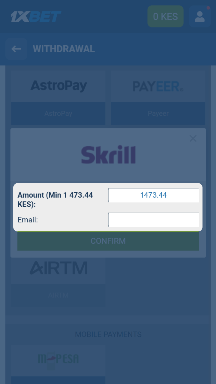Specify the amount and details to withdraw from 1xBet in Kenya.