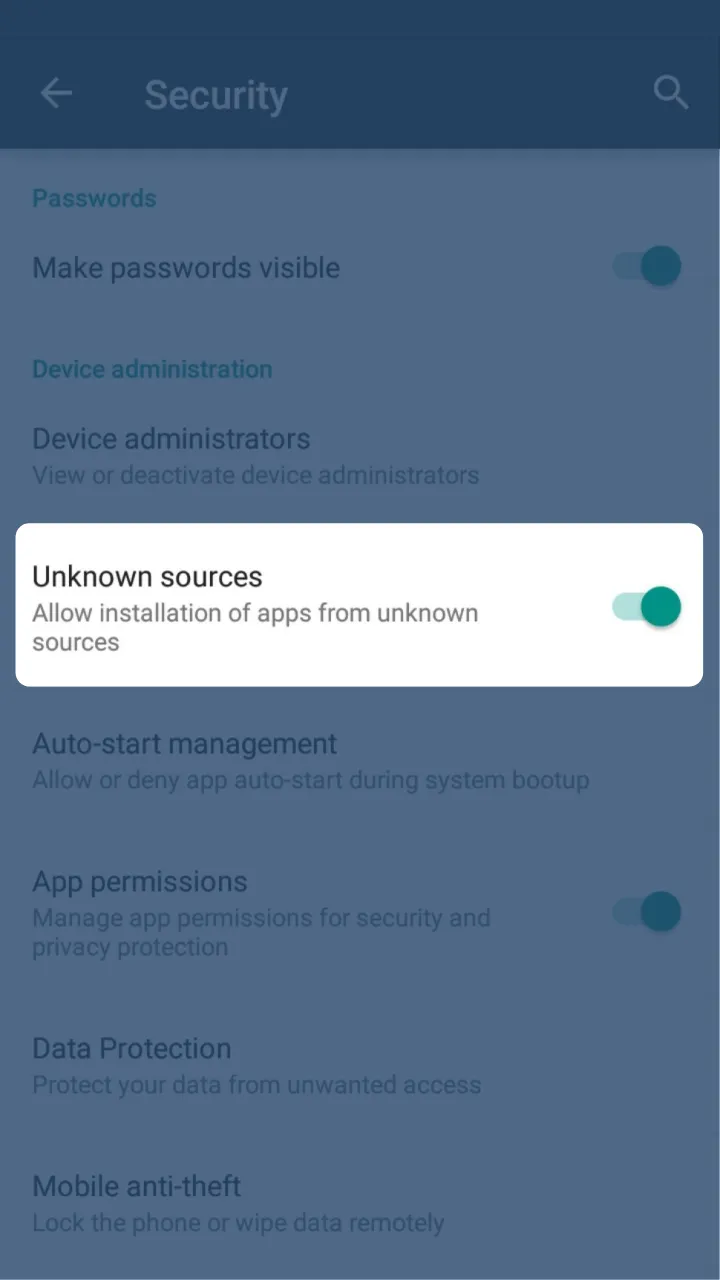 Enable unknown sources to install the 1xBet Android app.