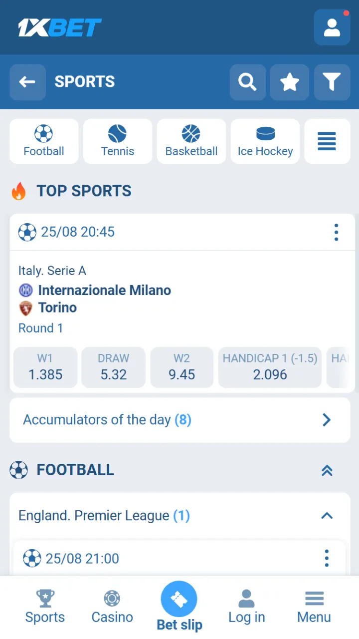 Select a sport in the 1xBet app to bet.