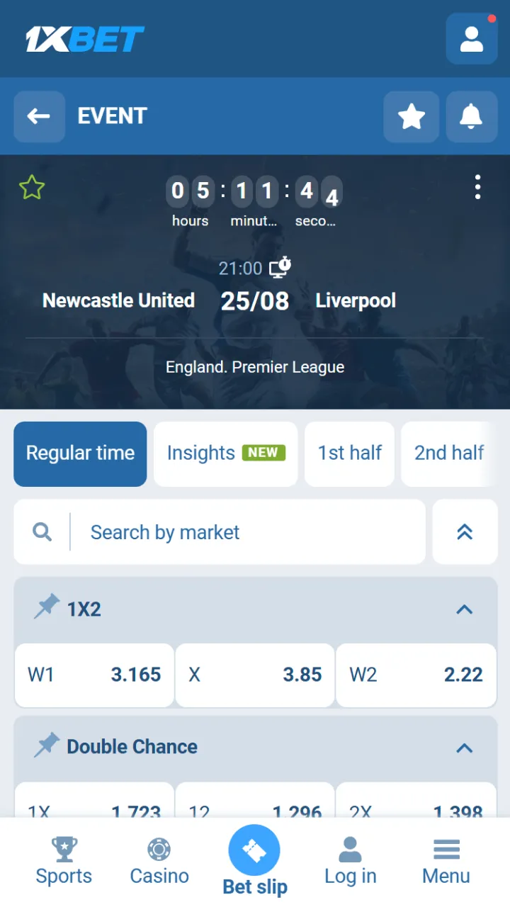 Pick a tournament and market to bet in the 1xBet app.