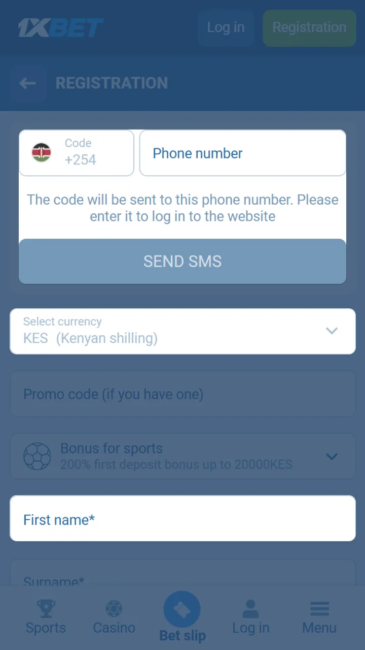 Fill in your details to register with the 1xBet app.