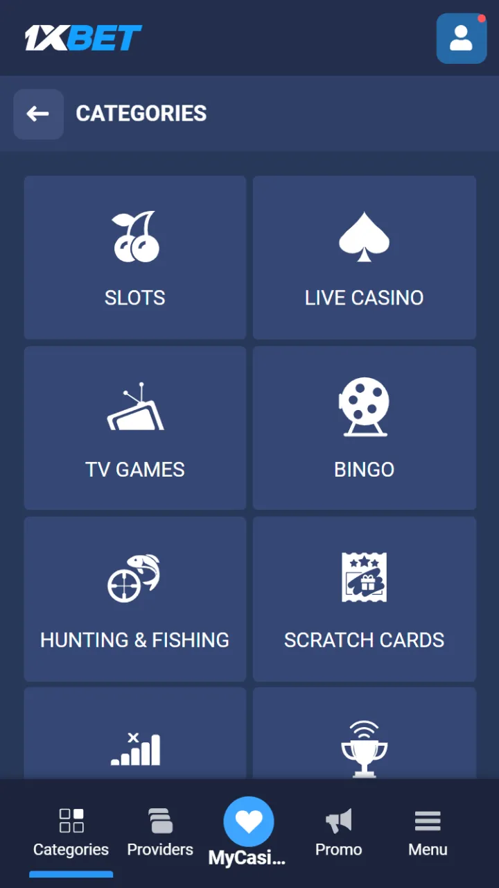 Kenya users select in-app casino games with 1xBet to start playing.