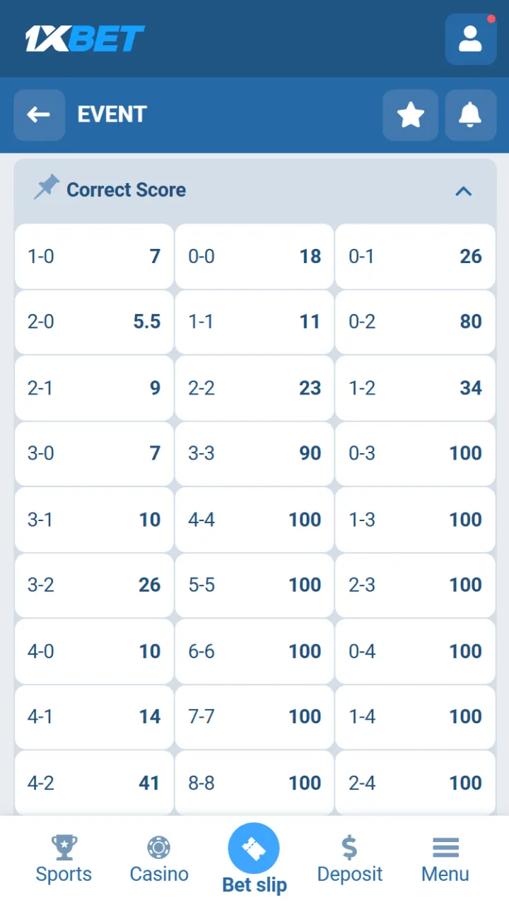 Players in Kenya click correct score at 1xBet to start betting.