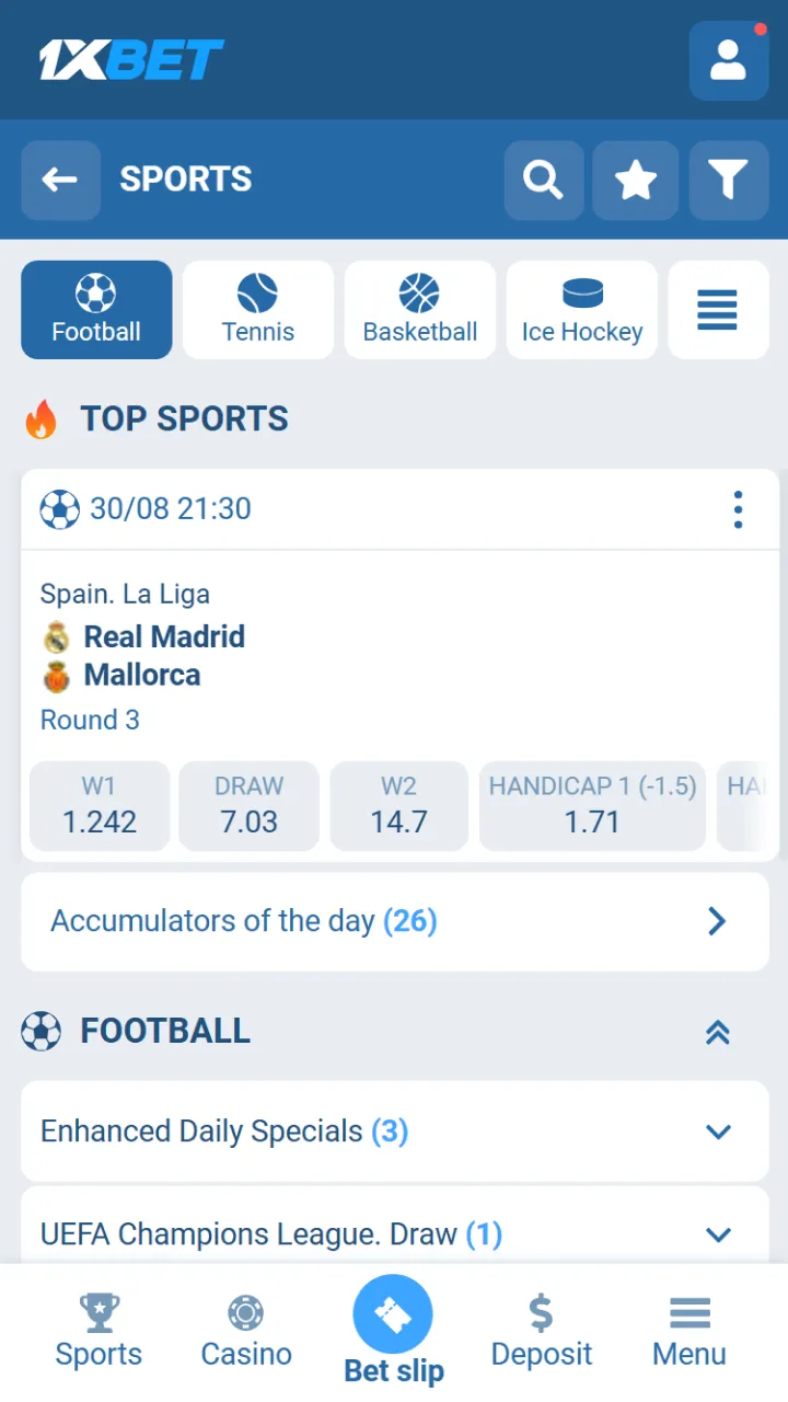 1xBet sports section provides access for Kenya players to score bets.