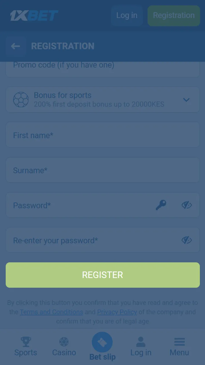 Kenyan players can create an account to activate the 1xBet promo code.