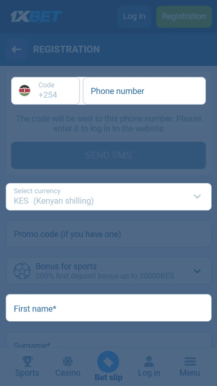 Enter your details to register with 1xBet in Kenya.