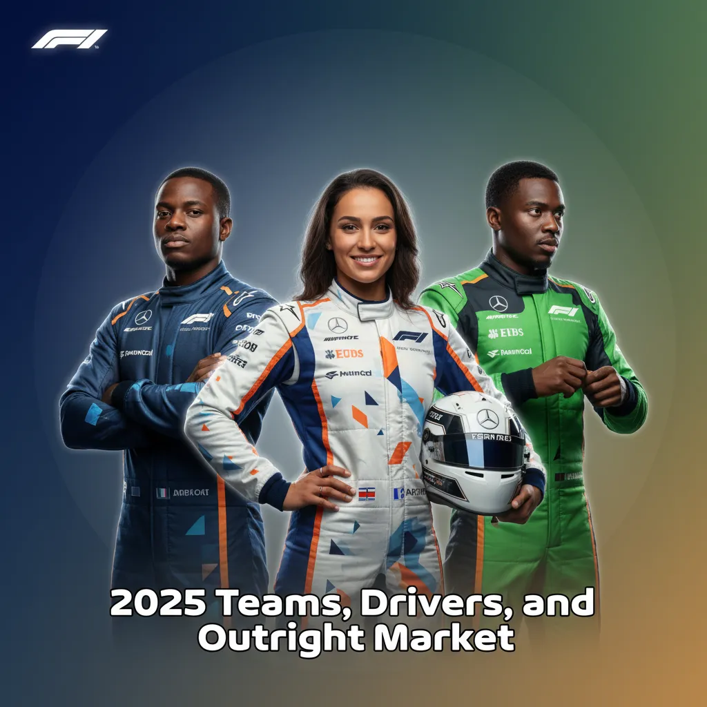 Table of 2025 F1 teams and drivers: Red Bull (Verstappen/Perez), Ferrari (Leclerc/Hamilton), others; some TBA; live odds.