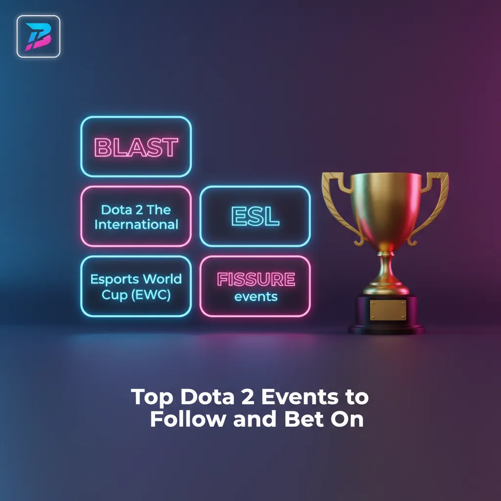 Graphic listing top Dota 2 events: TI, BLAST, ESL, EWC, PGL, FISSURE, with pre-match and live betting markets.