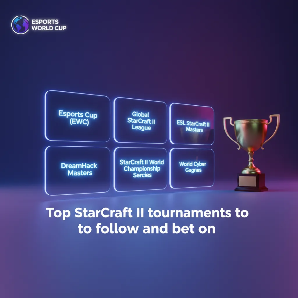 Infographic of top StarCraft II betting tournaments: EWC, GSL, ESL Masters, IEM Katowice, TSL, WTL, HomeStory Cup.