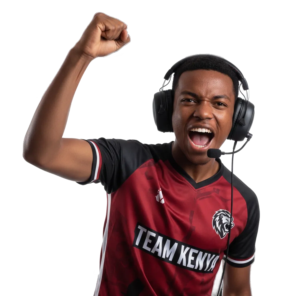 1xbet Kenya esports betting banner with phones showing match stats, 200% bonus up to 20,000 KES, Android/iOS app.